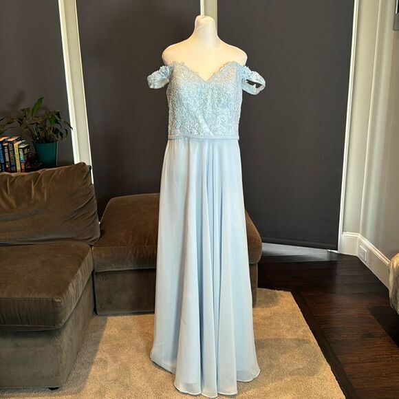 Women’s Pale Blue Off the Shoulder Chiffon Bridesmaid Dress Corset Size 16 NWOT - Picture 1 of 13